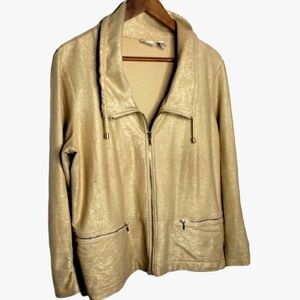 Gold Metallic Lame Cowlneck Lounge Sweatshirt Chicos Active Wear Zenergy Resort